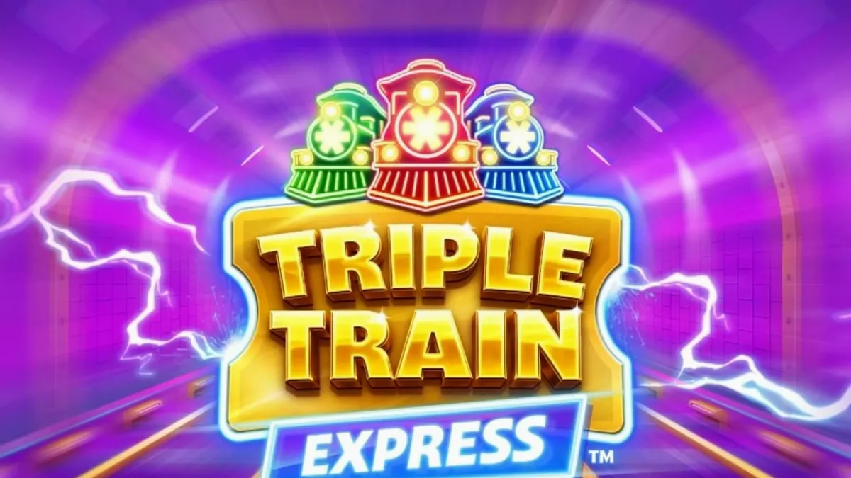 Tampilan futuristik neon dari slot Triple Train Express dengan lokomotif bercahaya.