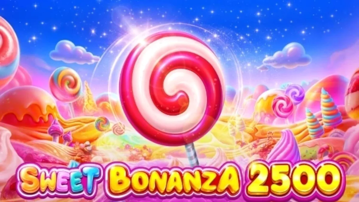 Tampilan visual penuh warna dari slot Sweet Bonanza 2500 dengan simbol permen dan buah.